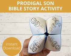 a hand holding an origami toy with the words, prodiial son bible story activity