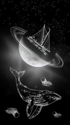 an image of a boat floating in the air over a whale's tail and saturn