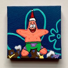 a painting of a cartoon character wearing a santa hat and green shorts, on a blue background