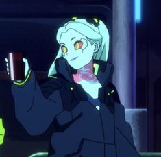 an anime character holding a cup in her right hand and pointing to the side with both hands