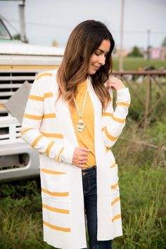 Mustard Striped Butter Soft Cardigan - Betsey's Boutique Shop Soft Cardigan, Every Color, School Fashion, Boutique Shop, Everyday Look, Sweater Outfits, Mustard, Fashion Inspiration, Butter