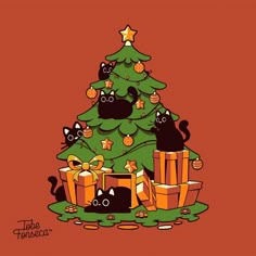 a christmas tree with black cats around it