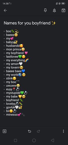 an emoticive text message is displayed on the phone's screen, which reads names for you boyfriend