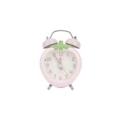 a pink alarm clock with green leaves on the front and sides, against a white background