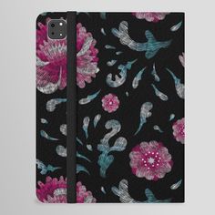 a black phone case with pink and blue flowers on the front, along with an intricate floral design