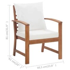 a wooden chair with a white cushion on the back and armrests, against a white background