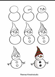 snowmen with hats and faces are shown in this coloring page