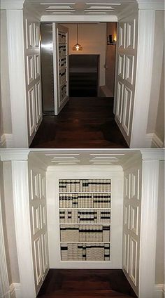 two pictures of the inside of a house with doors open and some baskets on the floor