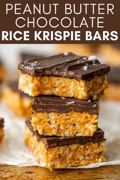 peanut butter chocolate rice krispie bars stacked on top of each other