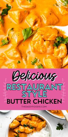 delicious restaurant style butter chicken is served with rice and cilantro