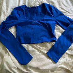 Sexy And Cute Royal Blue Crop Top, Grey Material And Never Worn! Royal Blue Crop Top, Royal Blue Top, Tops Shein, Blue Crop Top, Teen Top, Blue Crop Tops, Grey Material, Shein Tops, Long Sleeve Crop