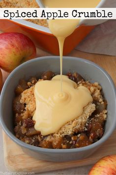 an apple crumble is being drizzled with caramel sauce in a bowl