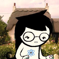 a drawing of a girl with glasses holding an object in front of flowers and a thatched roof