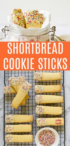 shortbread cookie sticks on a cooling rack with sprinkles next to them