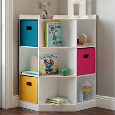 a toy storage unit in the corner of a room