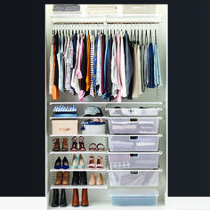 an organized closet with clothes and shoes