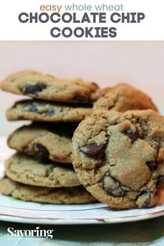 chocolate chip cookies stacked on top of each other with text overlay reading easy whole wheat chocolate chip cookies