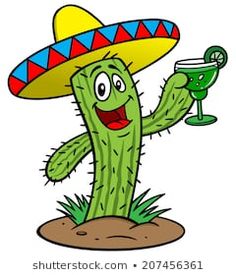 a cartoon cactus with a sombrero holding a drink and a margarita in it's hand