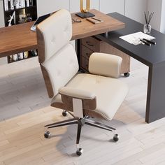 an office chair sitting in front of a desk