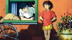 the poster for whisper of the heart shows a boy standing in front of a window