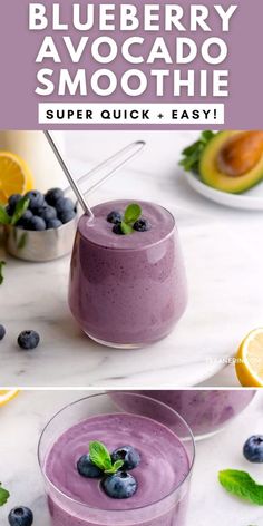 blueberry avocado smoothie in two glasses with lemons and mint on the side