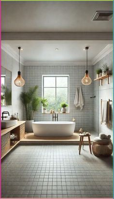 a bath room with a tub a sink and some lights