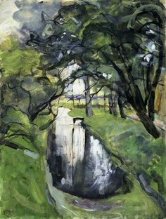 an abstract painting of trees and water in the park, with green grass on either side