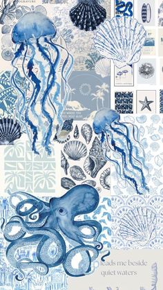 an octopus and jellyfish collage is shown in blue