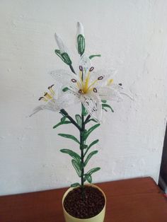 a white flower sitting in a yellow pot on top of a wooden table next to a wall