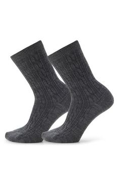 Keep those feet cozy in these cable-stitch crew socks crafted from a durable merino wool blend. Pack of two pairs Merino wool/recycled nylon/nylon/elastane Machine wash, tumble dry Made in the USA of imported fabric Two Are Better Than One, Sock Crafts, Sock Drawer, Winter Gear, Wool Socks, Casual Socks, Heather Black, Fashion Styles, Socks Women