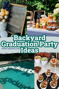 an outdoor graduation party with food, drinks and desserts on the table in front of a pool