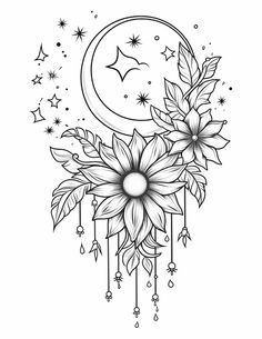 a black and white drawing of flowers with the moon in the background