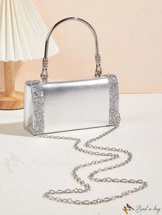 BirdinBag - Stylish Silver Sequin Square Bag with Metallic Decoration Party Satchel Shoulder Bag With Single Handle, Party Shoulder Bag Satchel With Single Handle, Large Capacity Party Bag, Silver Satchel Shoulder Bag With Top Carry Handle, Silver Satchel Bag For Parties, Silver Square Bag For Shopping, Silver Square Bags For Shopping, Silver Rectangular Satchel With Top Carry Handle, Silver Rectangular Shopping Bag