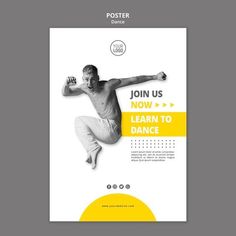 a poster for a dance school with an image of a man in white pants and no shirt