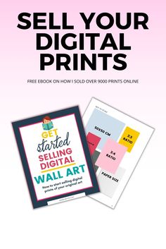 a poster with the words sell your digital prints on it and an image of a pink background