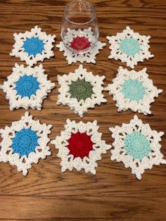 "Set of 4 crocheted snowflake coasters. Snowflake coasters will add a seasonal touch to your table, kitchen, or nightstand! Pretty and practical, they make great housewarming, christmas, or anytime gift! Measurements: About 5.5\" at longest diameter. Materials: 100% cotton yarn Care: Machine wash (cold) in a delicates bag or wash by hand. Lay flat to dry. Press under a book to flatten more.  Thanks for looking! Message me for questions or requests for other colors. Check out my shop for more cro Crocheted Coasters, Cat Coasters, You're Amazing, Decorative Tiles, Table Kitchen, Blue Snowflakes, Crochet Coasters, Decorative Tile, Coasters Set