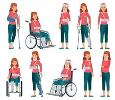 a woman in a wheelchair with different poses and postures, including her arm around the leg