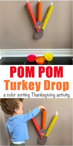 Thanksgiving Toddler Activities, Pom Pom Drop, Thanksgiving Crafts For Toddlers, Thanksgiving Toddler, Color Sorting Activities