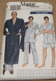 Uncut with instructions.  Envelope shows wear with clear tape, no odors. 80s Clothes, Monogram Robes, Mens Monogram, Vogue Vintage, Pajama Pattern, Easy Patterns, 80s Mens, Vogue Sewing, Vogue Sewing Patterns