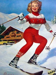 a painting of a woman on skis in the snow