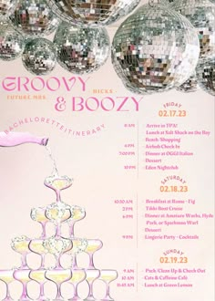 a flyer for a party with disco balls hanging from the ceiling and an image of a cake