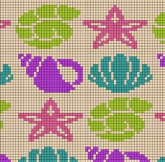 a cross stitch pattern with flowers and seashells