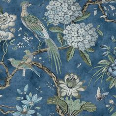 a blue wallpaper with birds and flowers on it