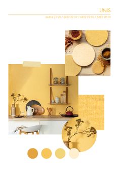 an image of a kitchen with yellow and white colors on the walls, in different ways