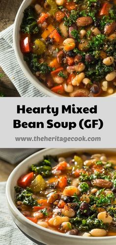 hearty mixed bean soup in a white bowl on top of a napkin with the title above it