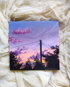 a painting of power lines and trees against a purple sky with clouds in the background