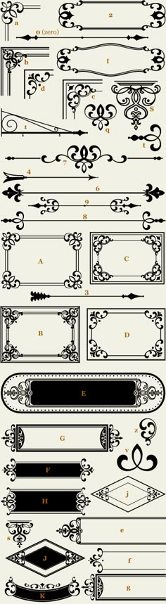 an old fashioned set of decorative elements in black and white with gold trimmings