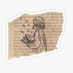 a drawing of a person holding a book in front of an old page sticker