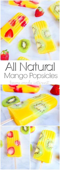 fruit popsicles with kiwis and strawberries on them are all natural mango popsicles