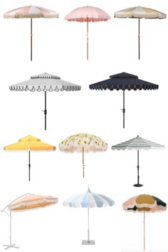 an assortment of umbrellas are shown in different colors